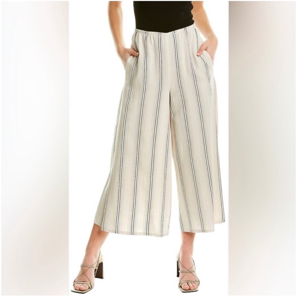 Vince Striped Wide Leg Culotte Pants Cream Black Elastic Waist Size M